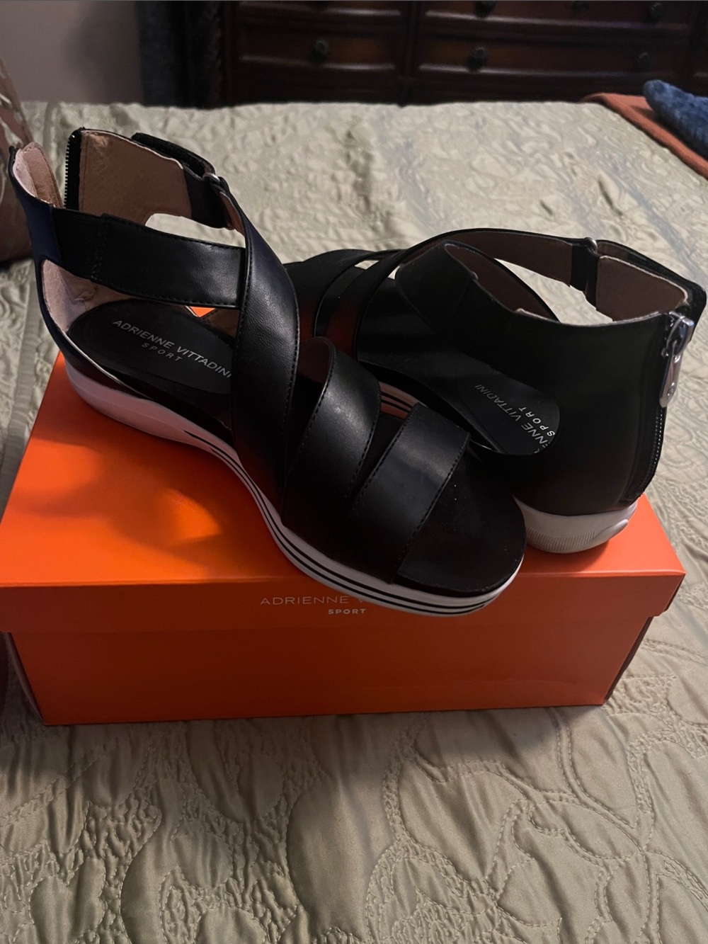 Adrienne Vittadini Black Leather Crisscross Wedge Sandals